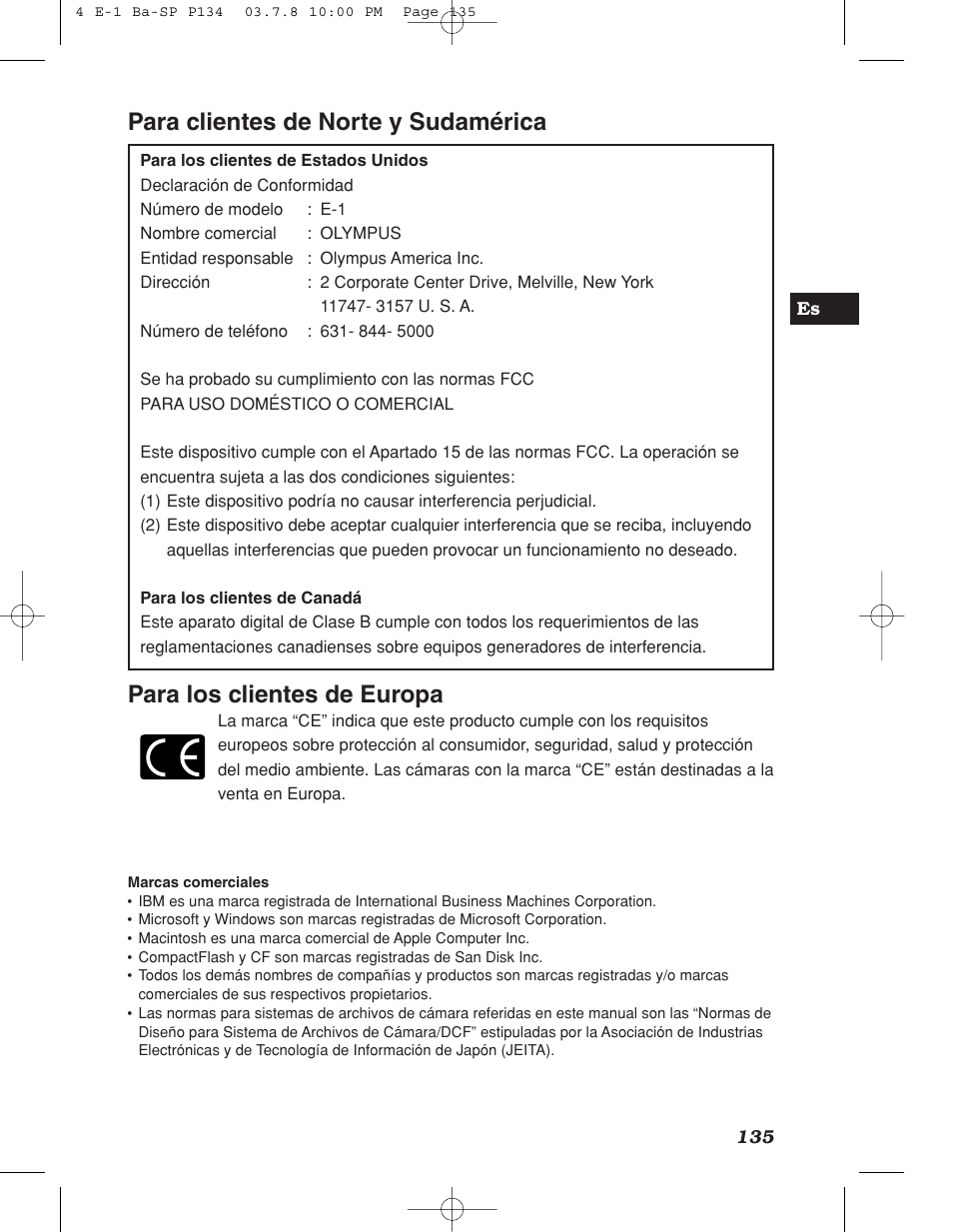 Para clientes de norte y sudamérica, Para los clientes de europa | Olympus E-1 User Manual | Page 135 / 180