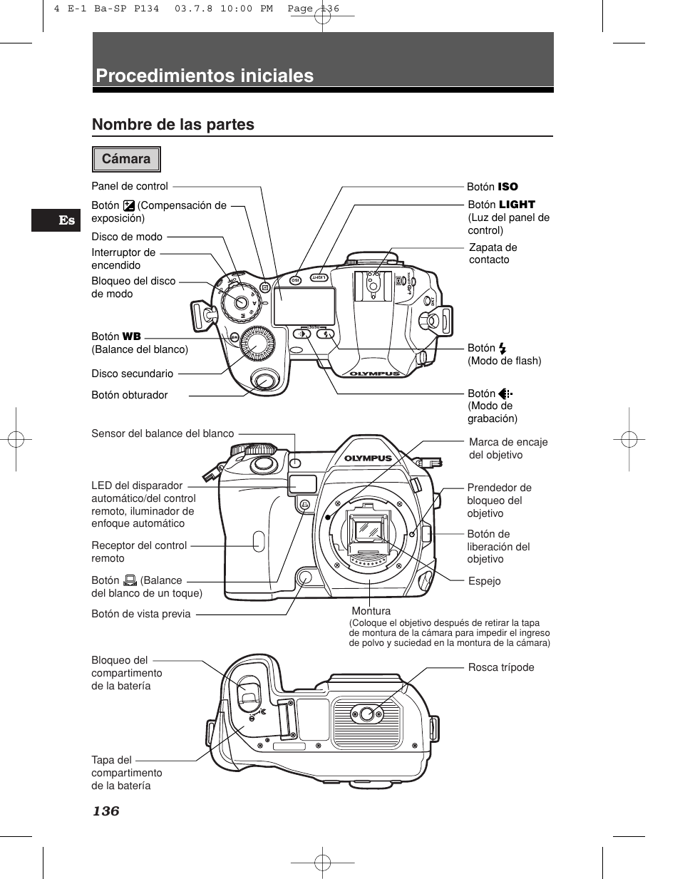 Procedimientos iniciales, Nombre de las partes | Olympus E-1 User Manual | Page 136 / 180