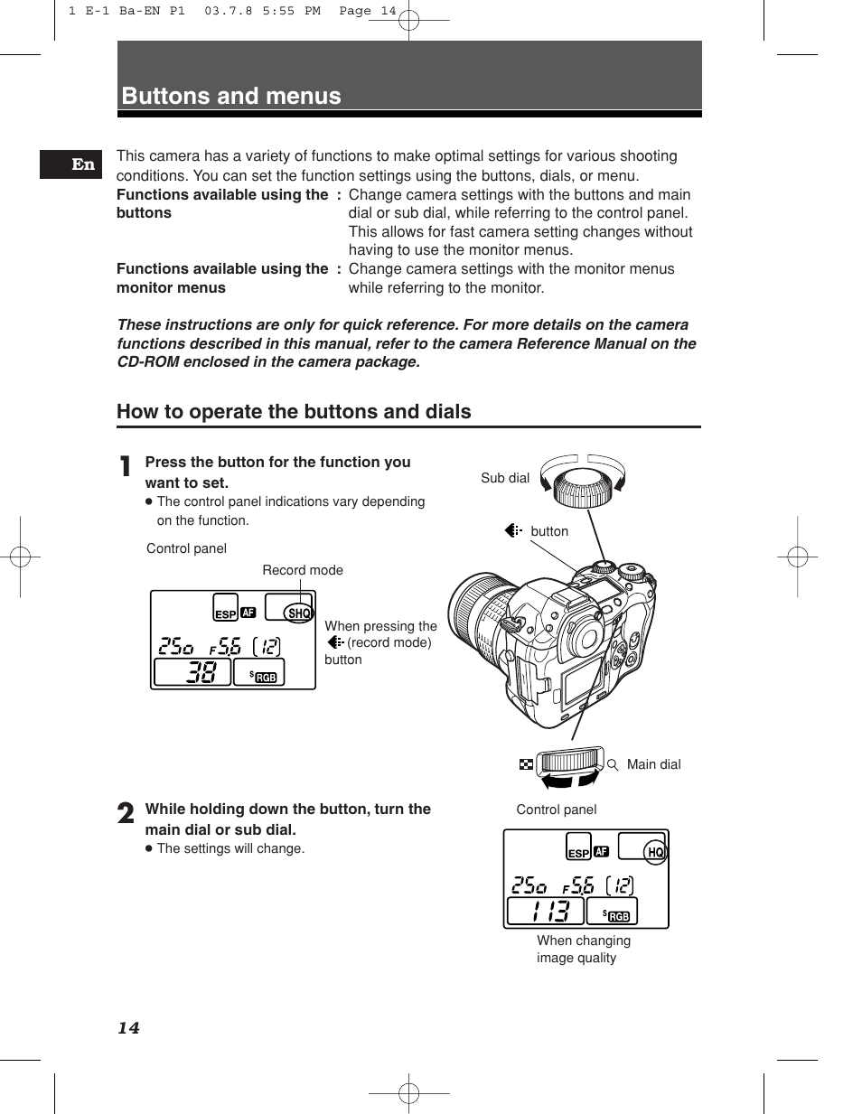 Buttons and menus, How to operate the buttons and dials | Olympus E-1 User Manual | Page 14 / 180