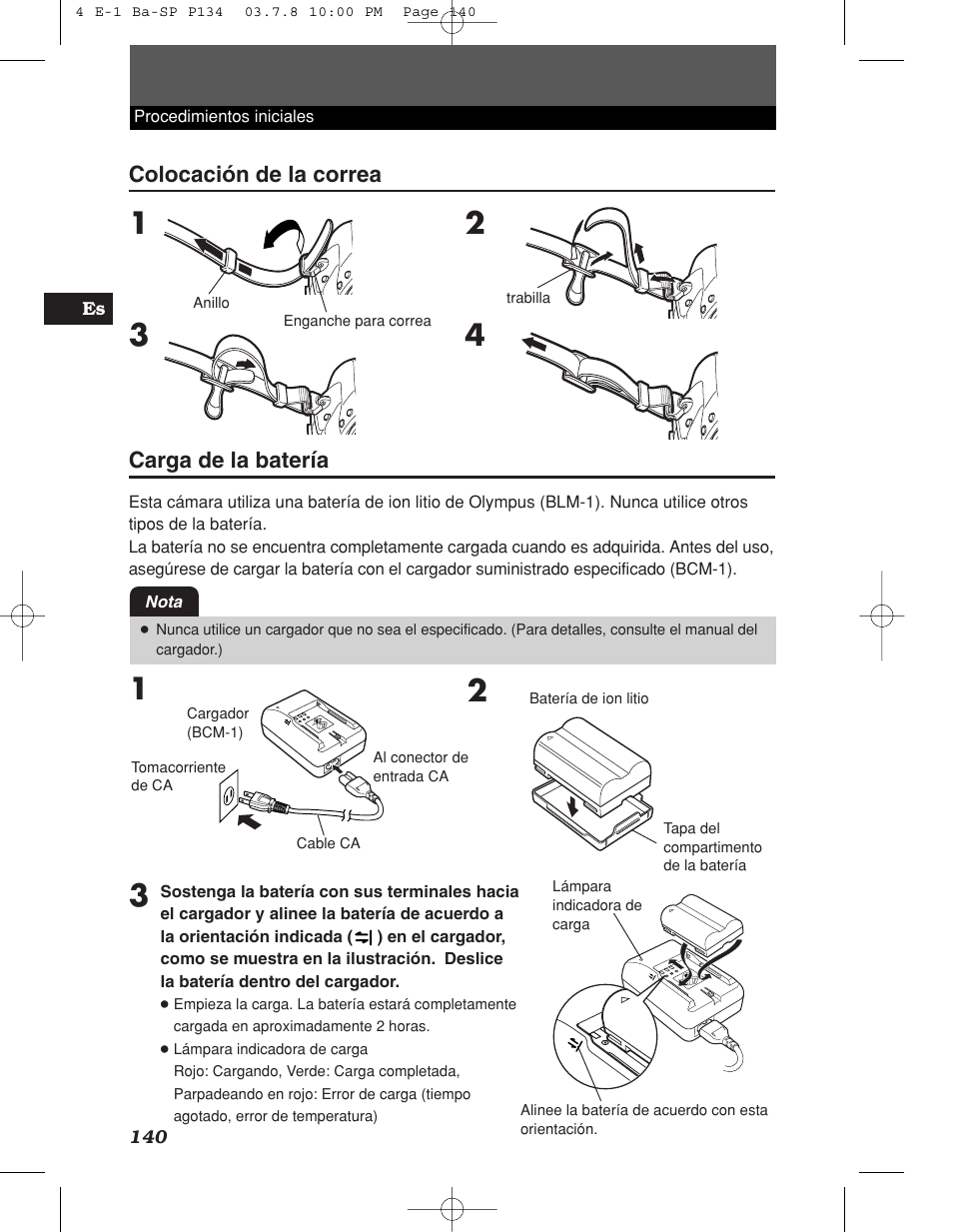 Colocación de la correa, Carga de la batería | Olympus E-1 User Manual | Page 140 / 180