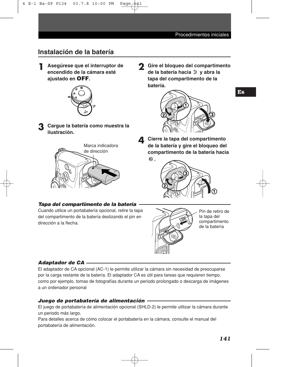 Instalación de la batería | Olympus E-1 User Manual | Page 141 / 180