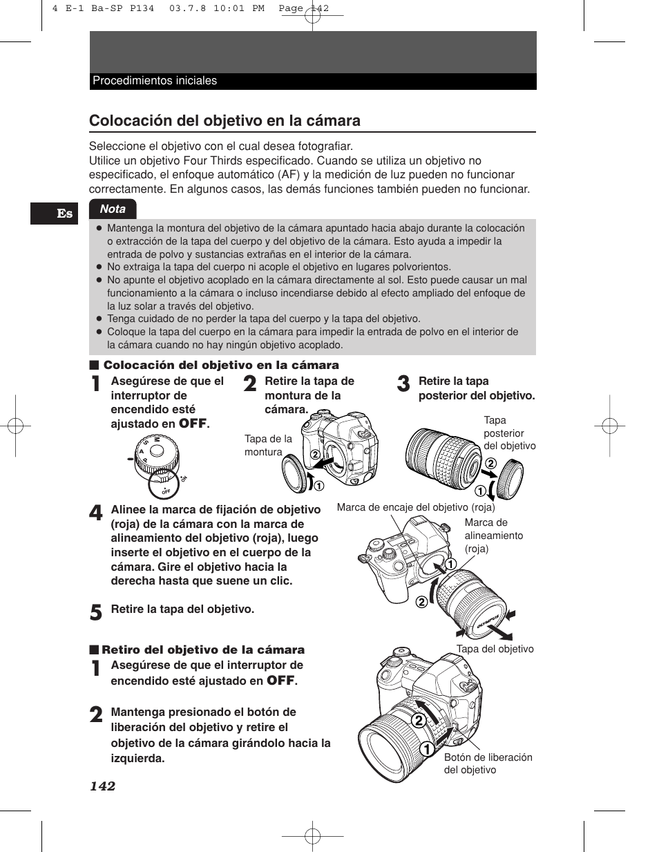 Colocación del objetivo en la cámara | Olympus E-1 User Manual | Page 142 / 180