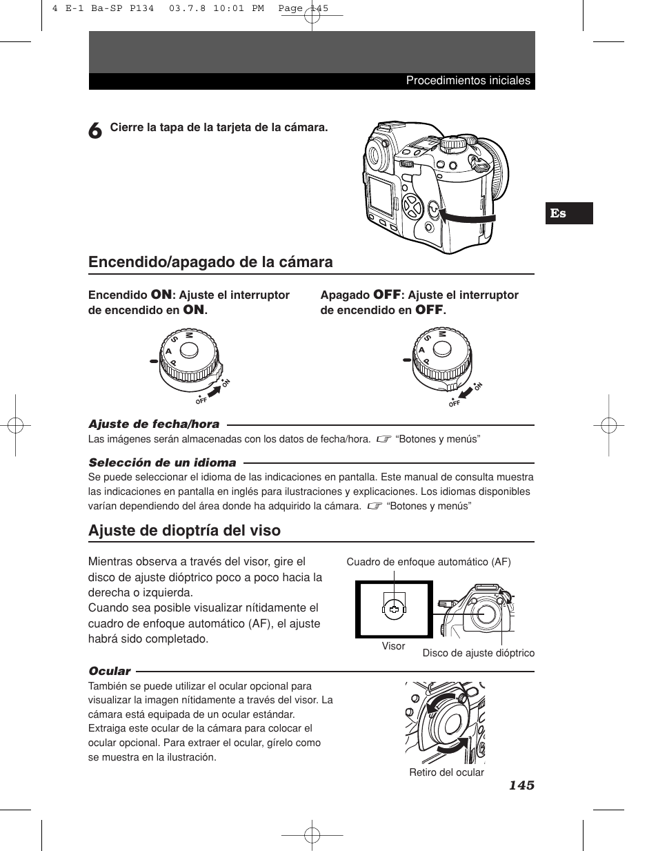 Encendido/apagado de la cámara, Ajuste de dioptría del viso | Olympus E-1 User Manual | Page 145 / 180