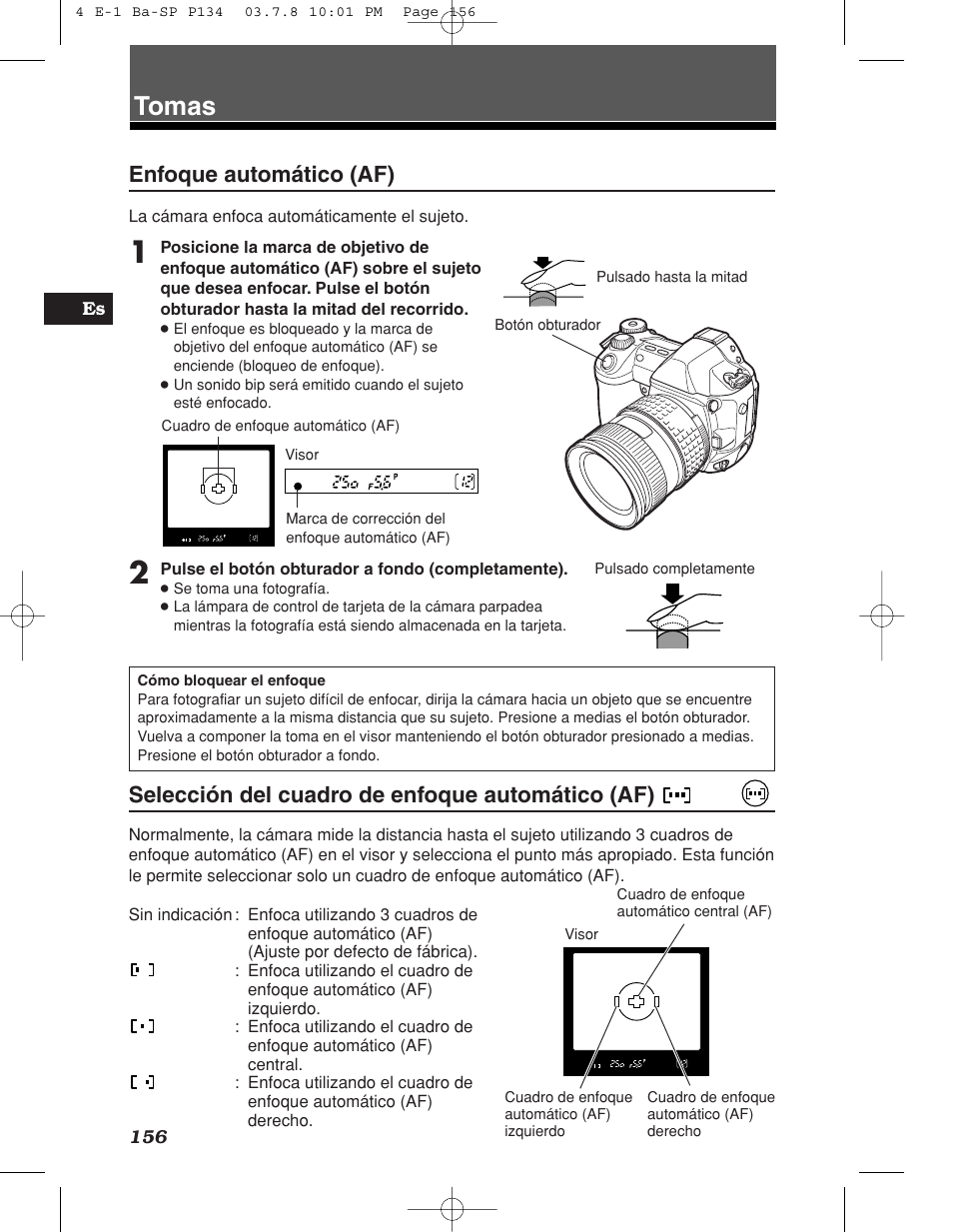 Tomas, Enfoque automático (af), Selección del cuadro de enfoque automático (af) | Olympus E-1 User Manual | Page 156 / 180