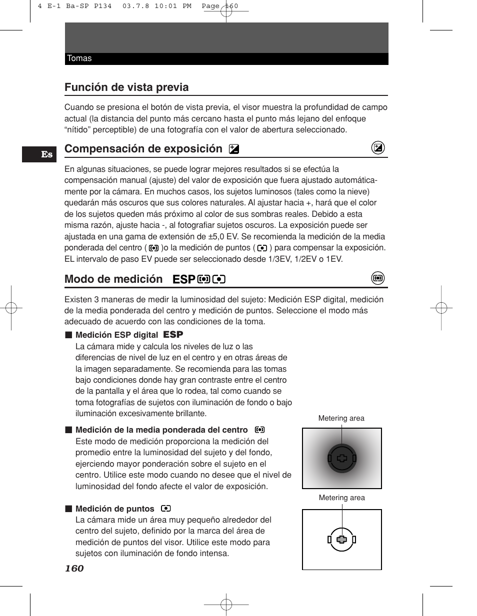 Función de vista previa, Compensación de exposición, Modo de medición | Olympus E-1 User Manual | Page 160 / 180