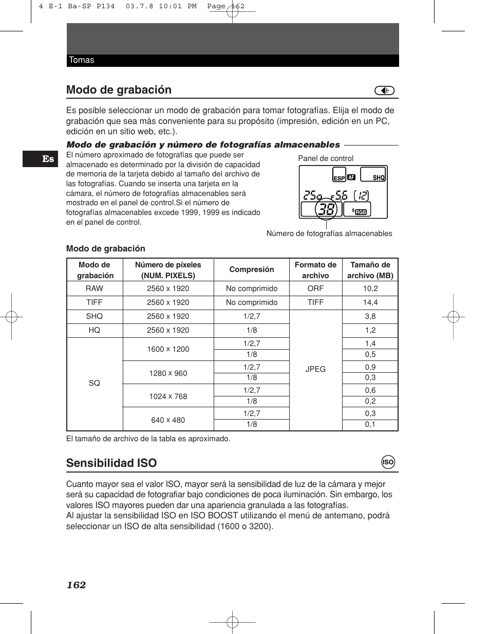 Modo de grabación, Sensibilidad iso | Olympus E-1 User Manual | Page 162 / 180