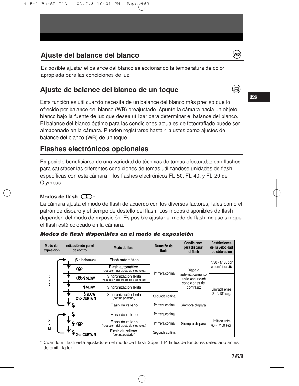 Ajuste del balance del blanco, Ajuste de balance del blanco de un toque, Flashes electrónicos opcionales | 163 es | Olympus E-1 User Manual | Page 163 / 180