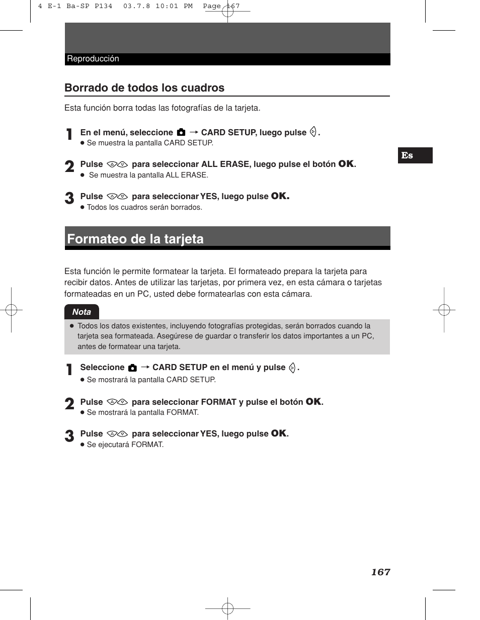 Formateo de la tarjeta, Borrado de todos los cuadros | Olympus E-1 User Manual | Page 167 / 180