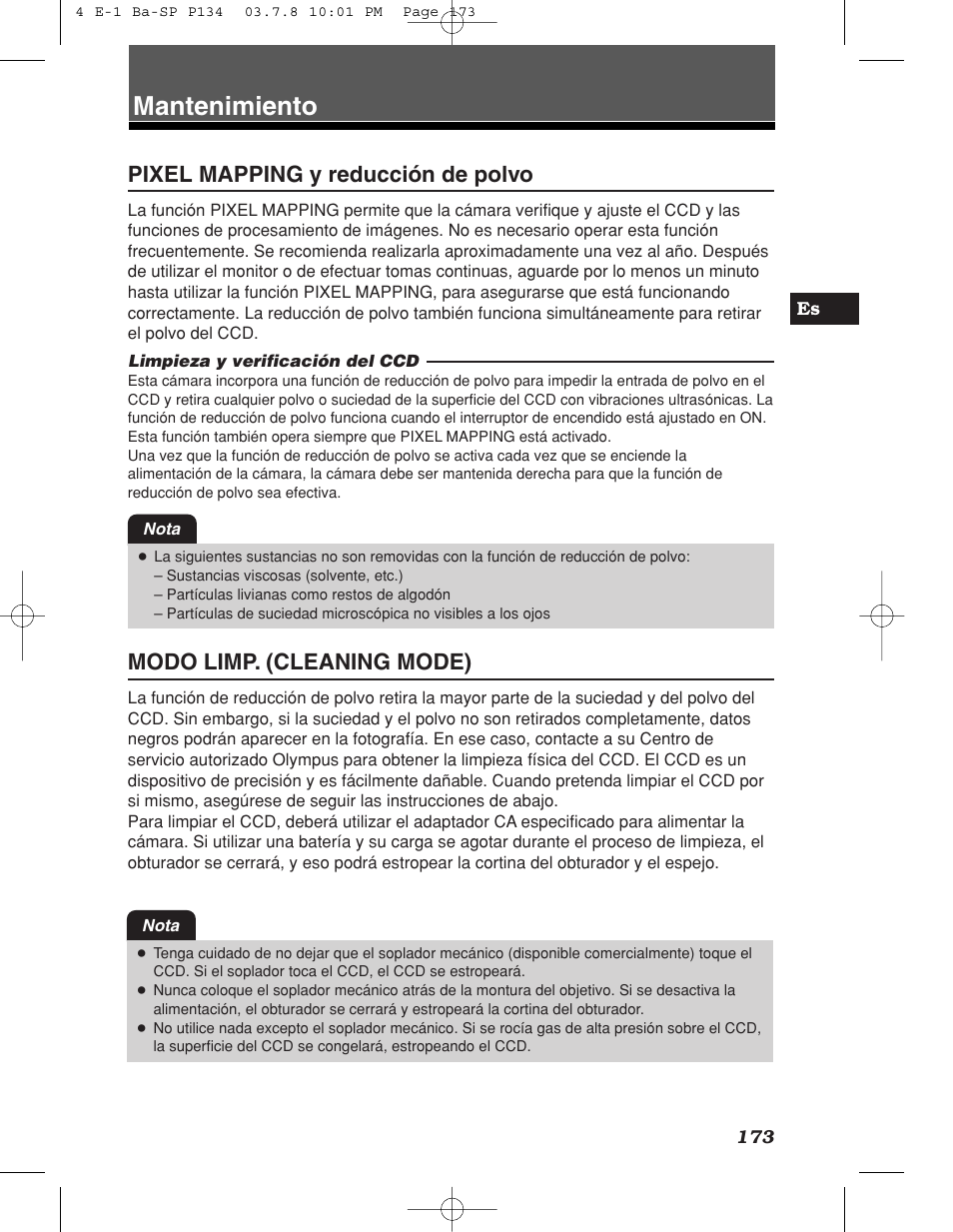 Mantenimiento, Pixel mapping y reducción de polvo, Modo limp. (cleaning mode) | Olympus E-1 User Manual | Page 173 / 180
