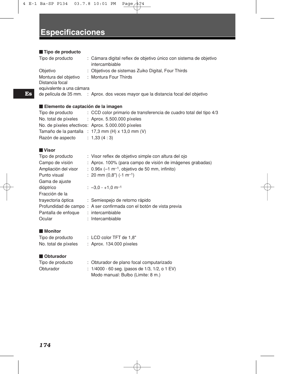 Especificaciones, 174 es | Olympus E-1 User Manual | Page 174 / 180