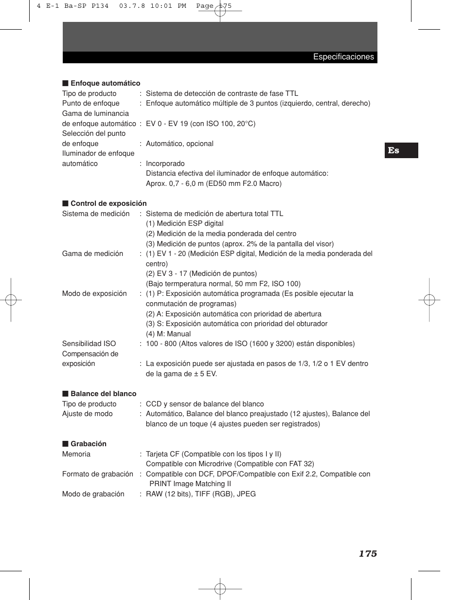 175 es | Olympus E-1 User Manual | Page 175 / 180