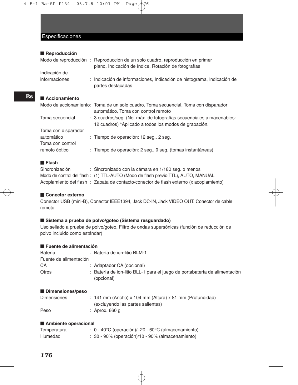 176 es | Olympus E-1 User Manual | Page 176 / 180