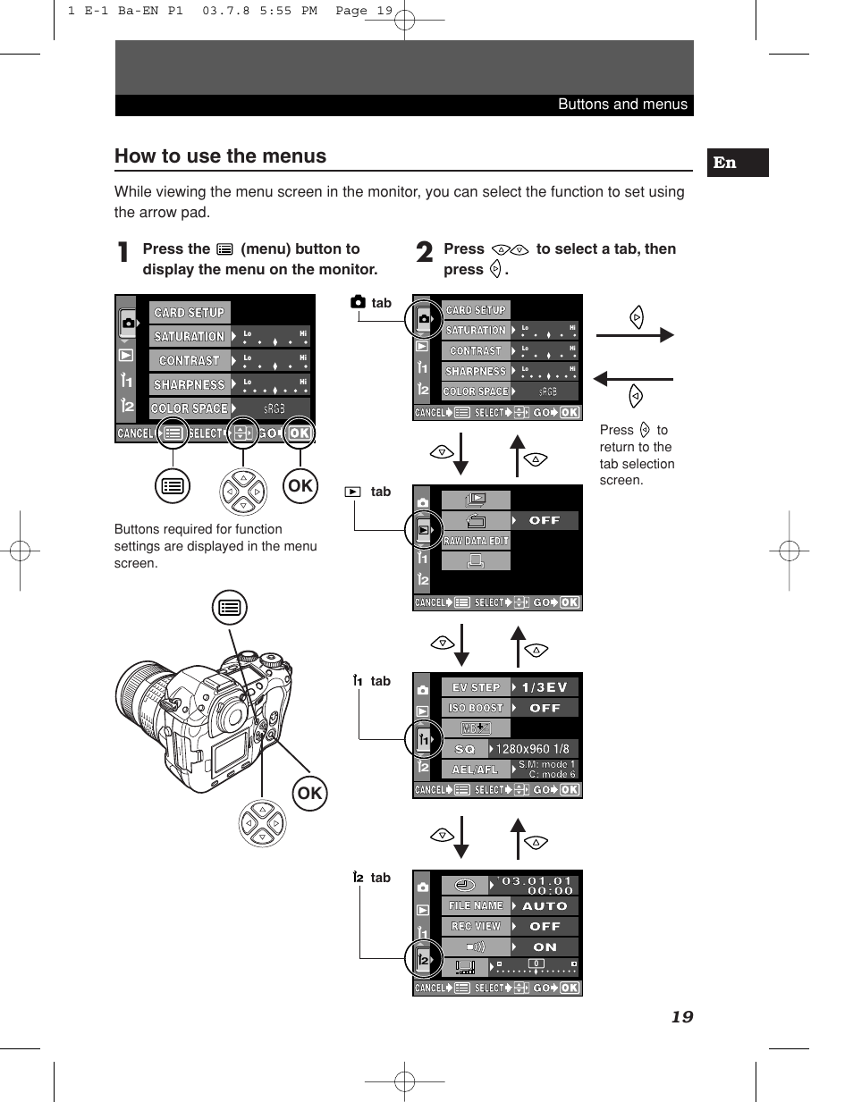 How to use the menus, Е¥ ˙ я, 19 en | Olympus E-1 User Manual | Page 19 / 180