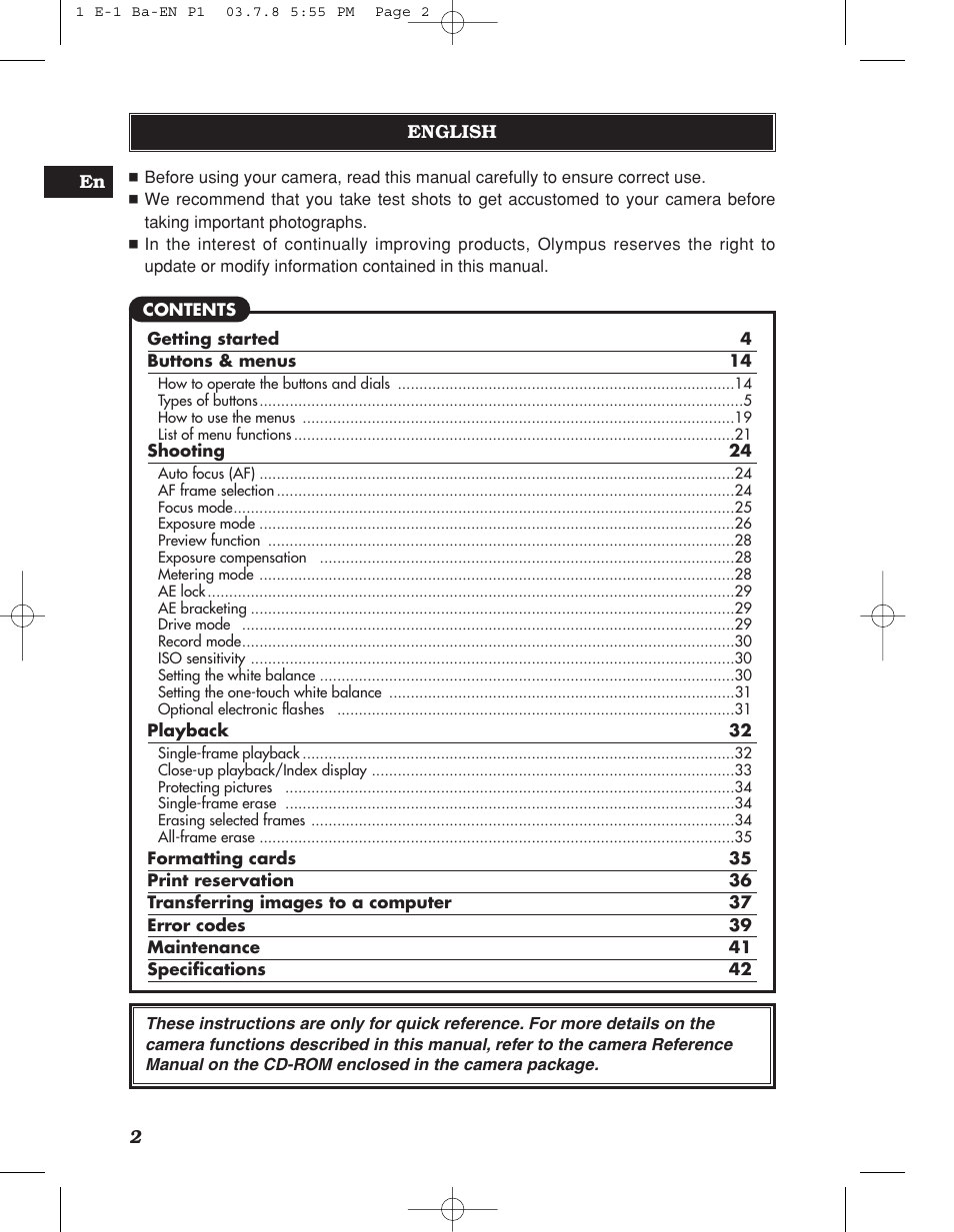 Olympus E-1 User Manual | Page 2 / 180