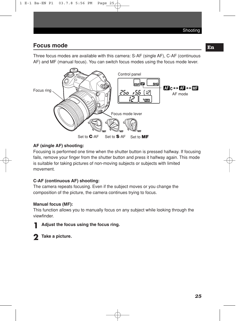 Focus mode | Olympus E-1 User Manual | Page 25 / 180