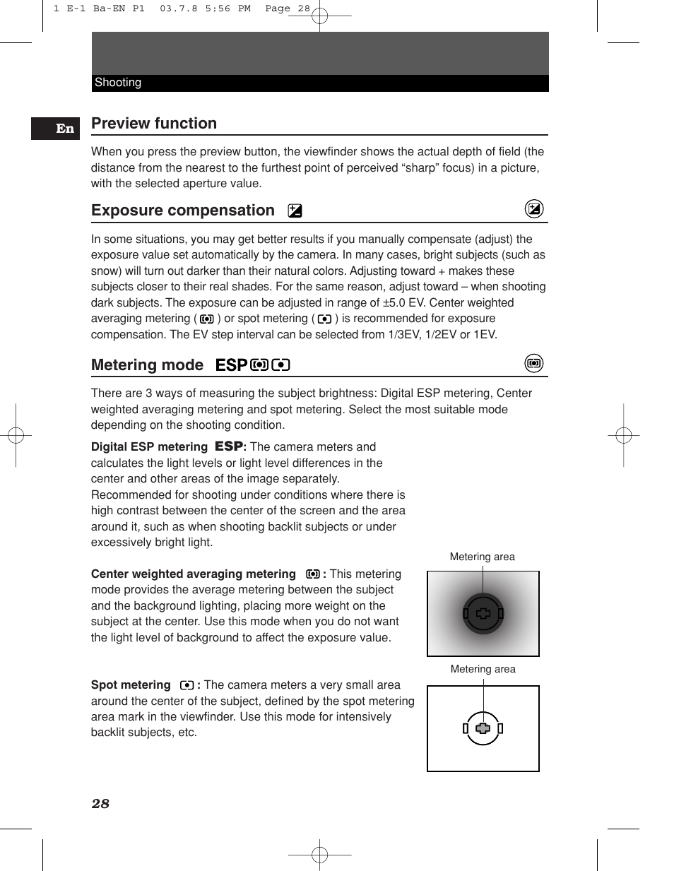 Preview function, Exposure compensation, Metering mode | Olympus E-1 User Manual | Page 28 / 180