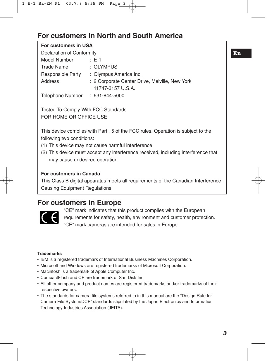 For customers in europe, For customers in north and south america | Olympus E-1 User Manual | Page 3 / 180