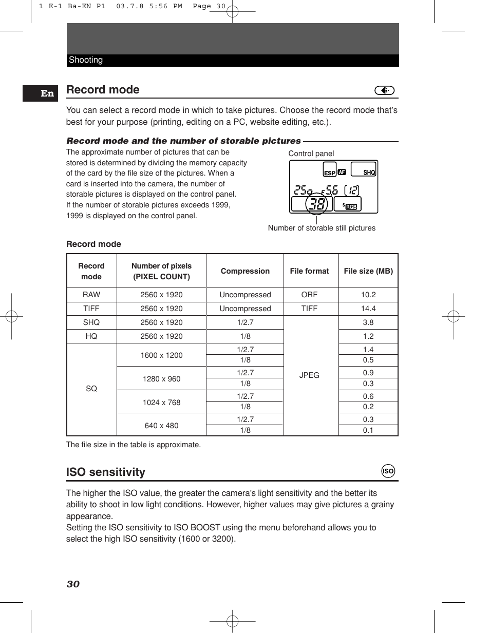 Record mode, Iso sensitivity | Olympus E-1 User Manual | Page 30 / 180