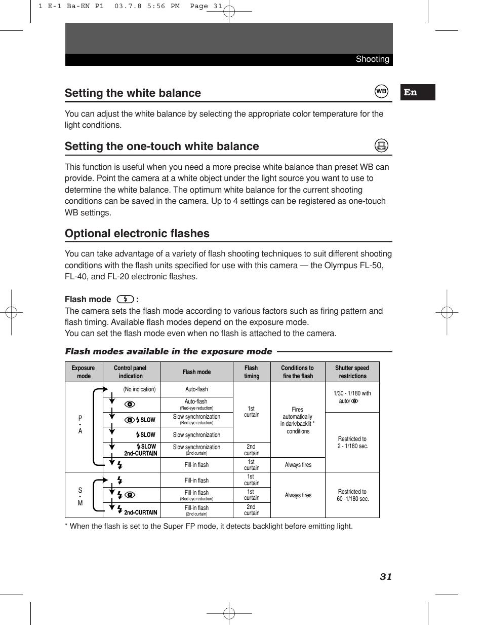 Setting the one-touch white balance, Optional electronic flashes, Setting the white balance | 31 en | Olympus E-1 User Manual | Page 31 / 180