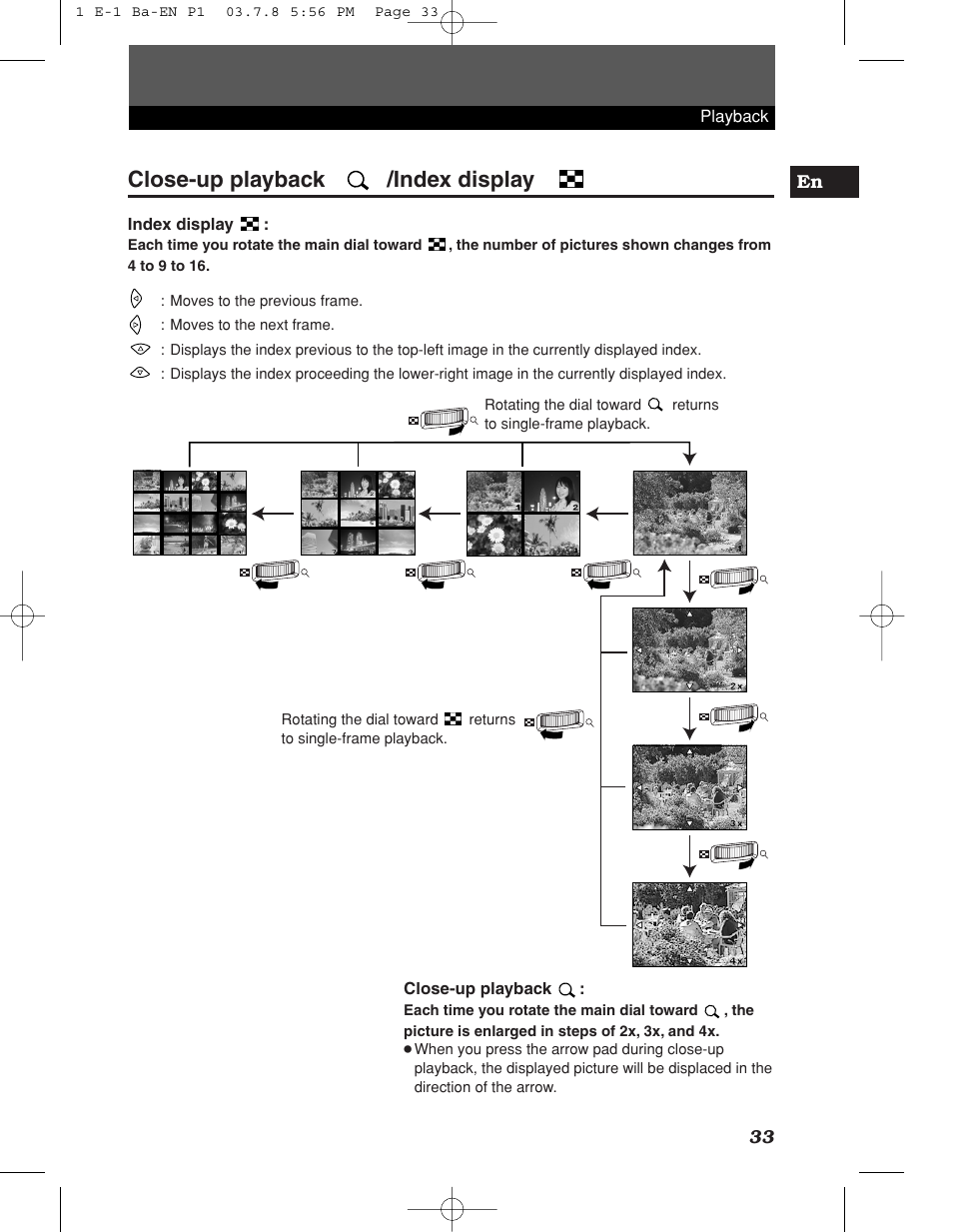 Close-up playback /index display, 33 en, Playback index display | Close-up playback | Olympus E-1 User Manual | Page 33 / 180