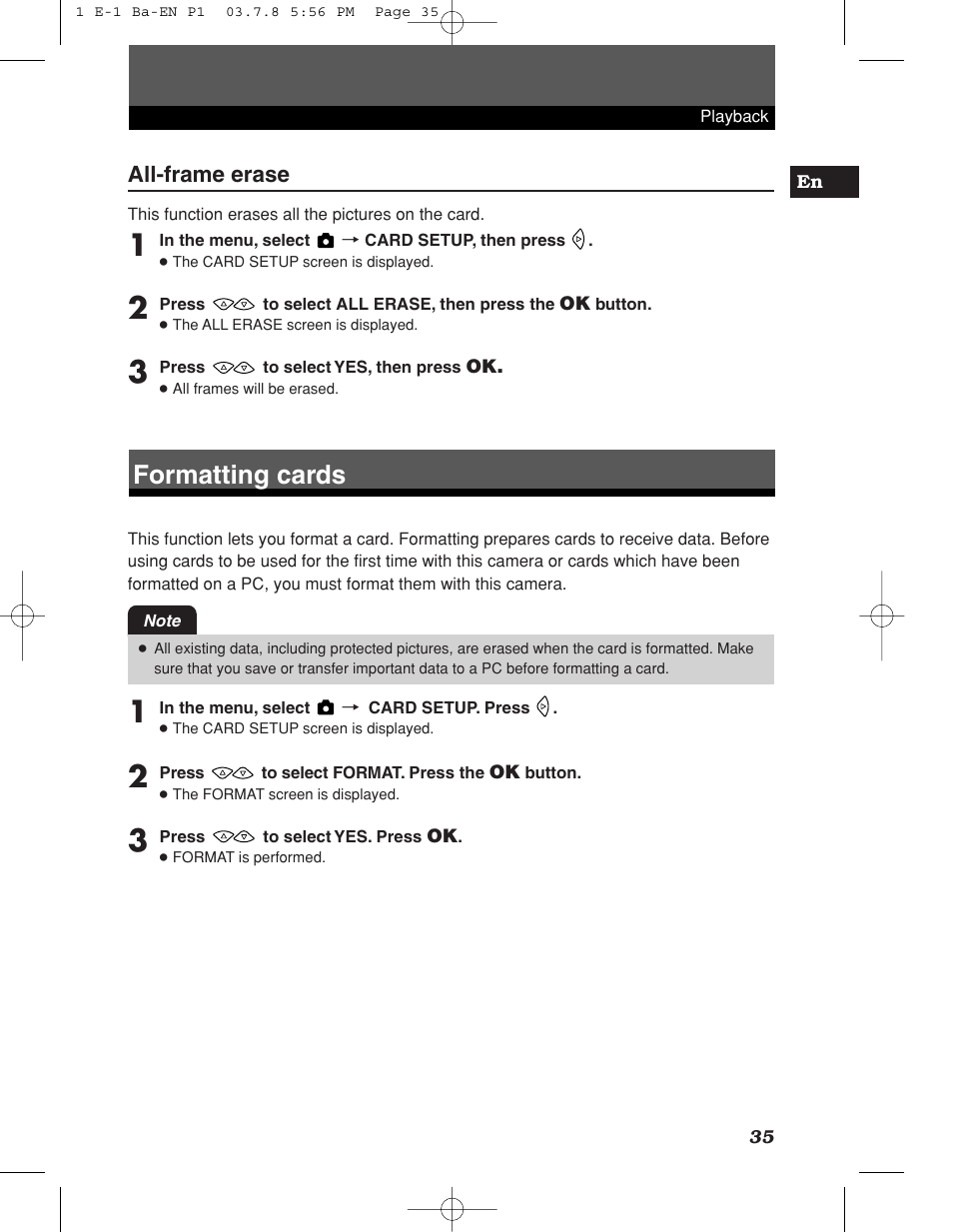 Formatting cards, All-frame erase | Olympus E-1 User Manual | Page 35 / 180