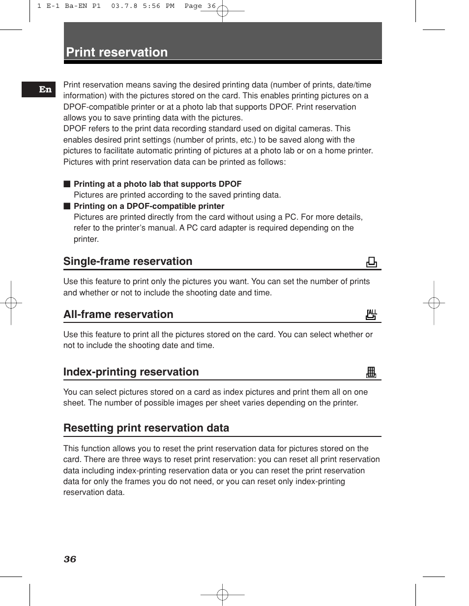Print reservation, Single-frame reservation, All-frame reservation | Index-printing reservation, Resetting print reservation data | Olympus E-1 User Manual | Page 36 / 180