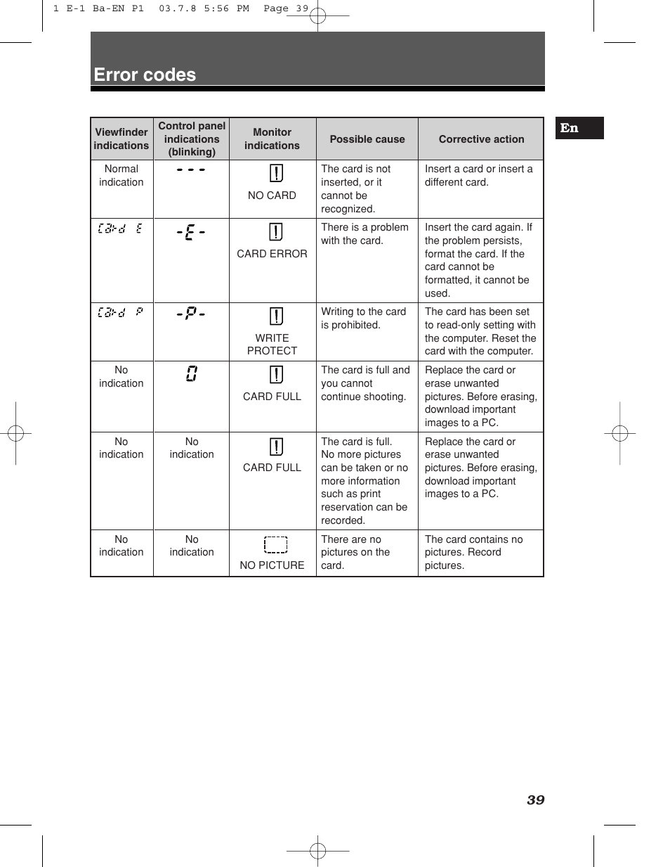 Error codes, 39 en | Olympus E-1 User Manual | Page 39 / 180