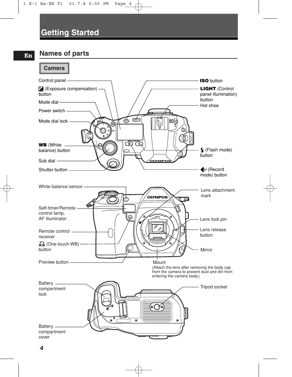 Getting started, Names of parts | Olympus E-1 User Manual | Page 4 / 180