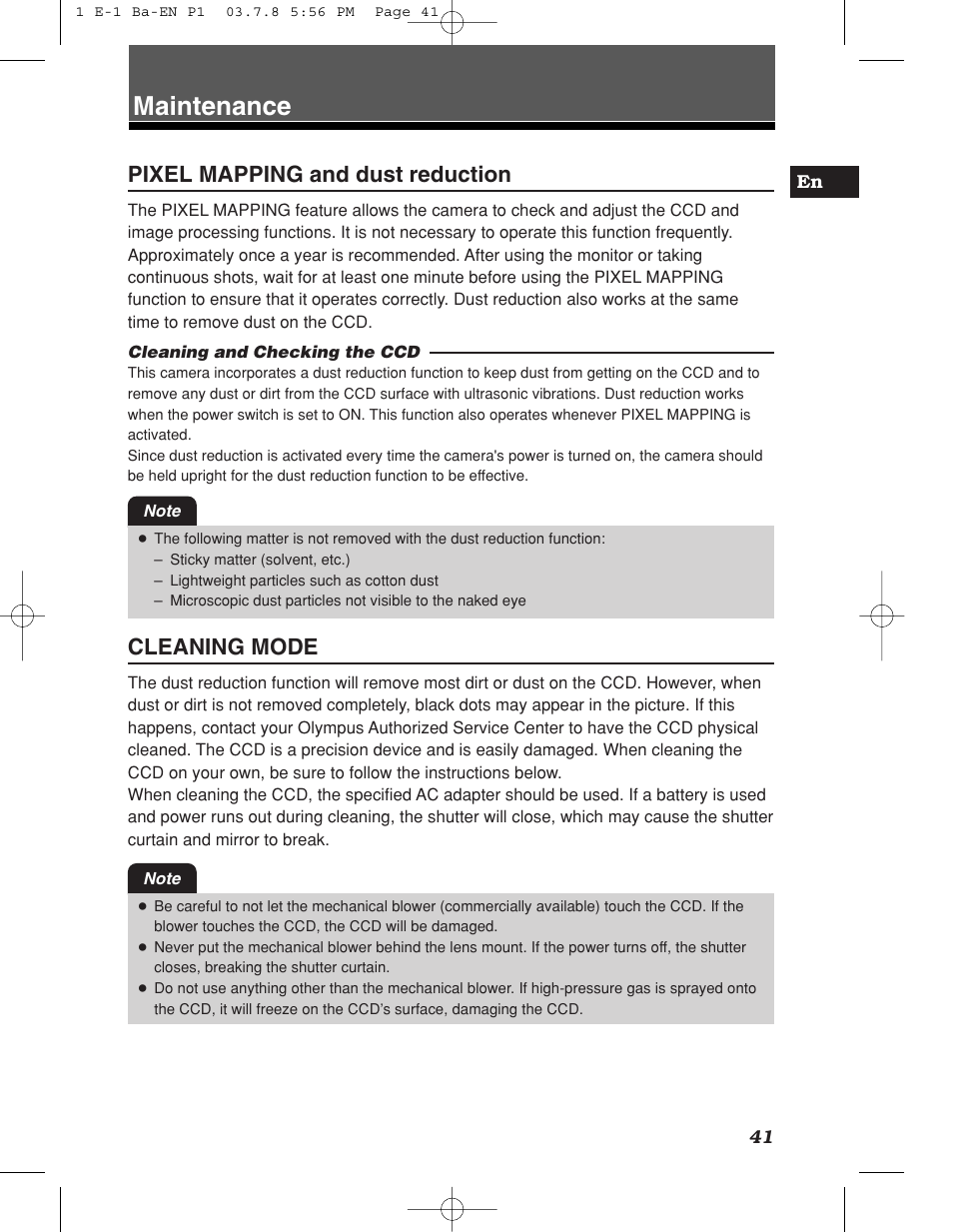 Maintenance, Pixel mapping and dust reduction, Cleaning mode | Olympus E-1 User Manual | Page 41 / 180