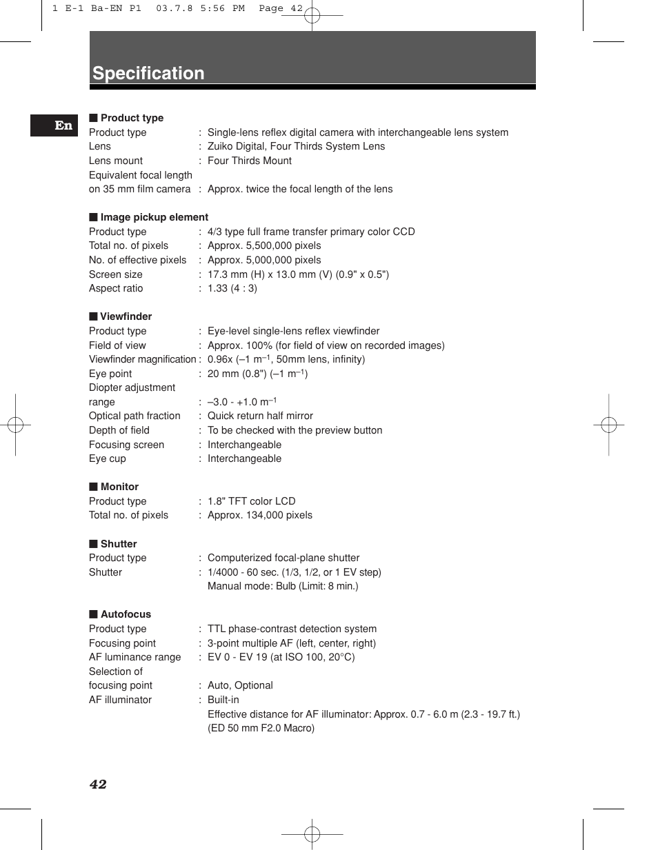 Specification | Olympus E-1 User Manual | Page 42 / 180