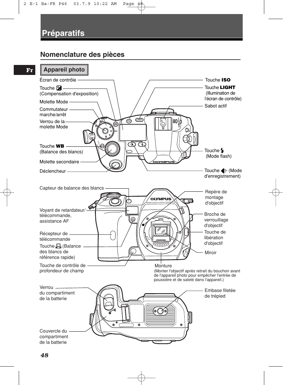 Préparatifs, Nomenclature des pièces | Olympus E-1 User Manual | Page 48 / 180