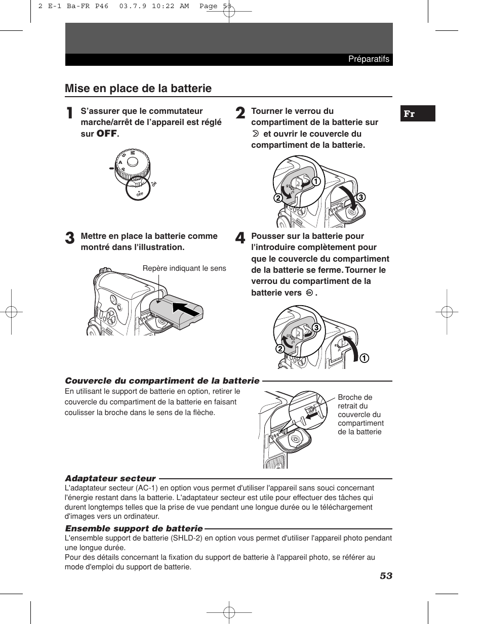 Mise en place de la batterie | Olympus E-1 User Manual | Page 53 / 180