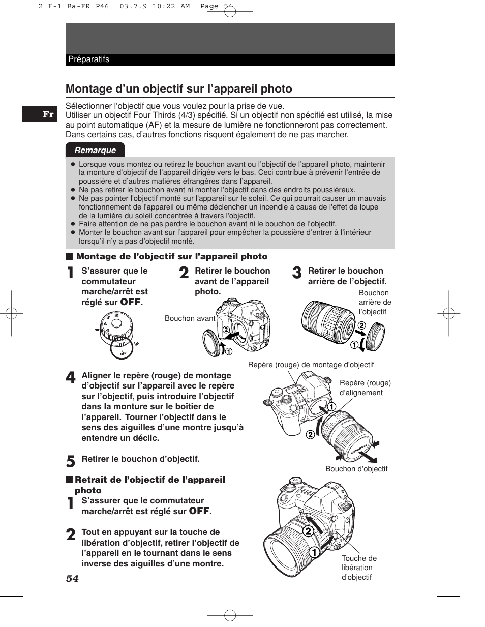 Montage d’un objectif sur l’appareil photo | Olympus E-1 User Manual | Page 54 / 180