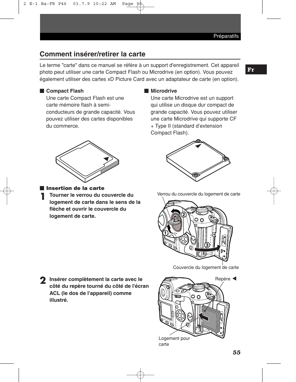 Comment insérer/retirer la carte | Olympus E-1 User Manual | Page 55 / 180
