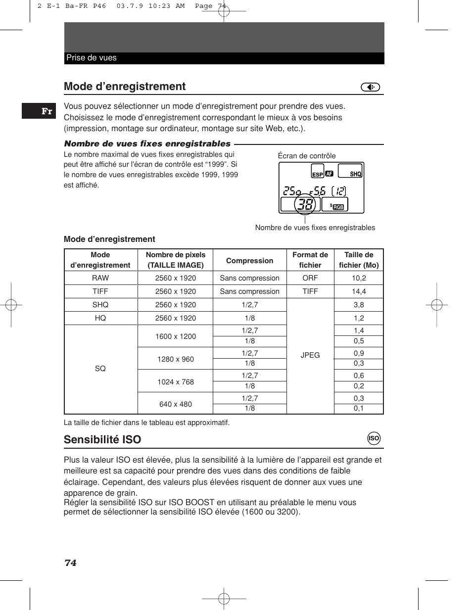 Mode d’enregistrement, Sensibilité iso | Olympus E-1 User Manual | Page 74 / 180