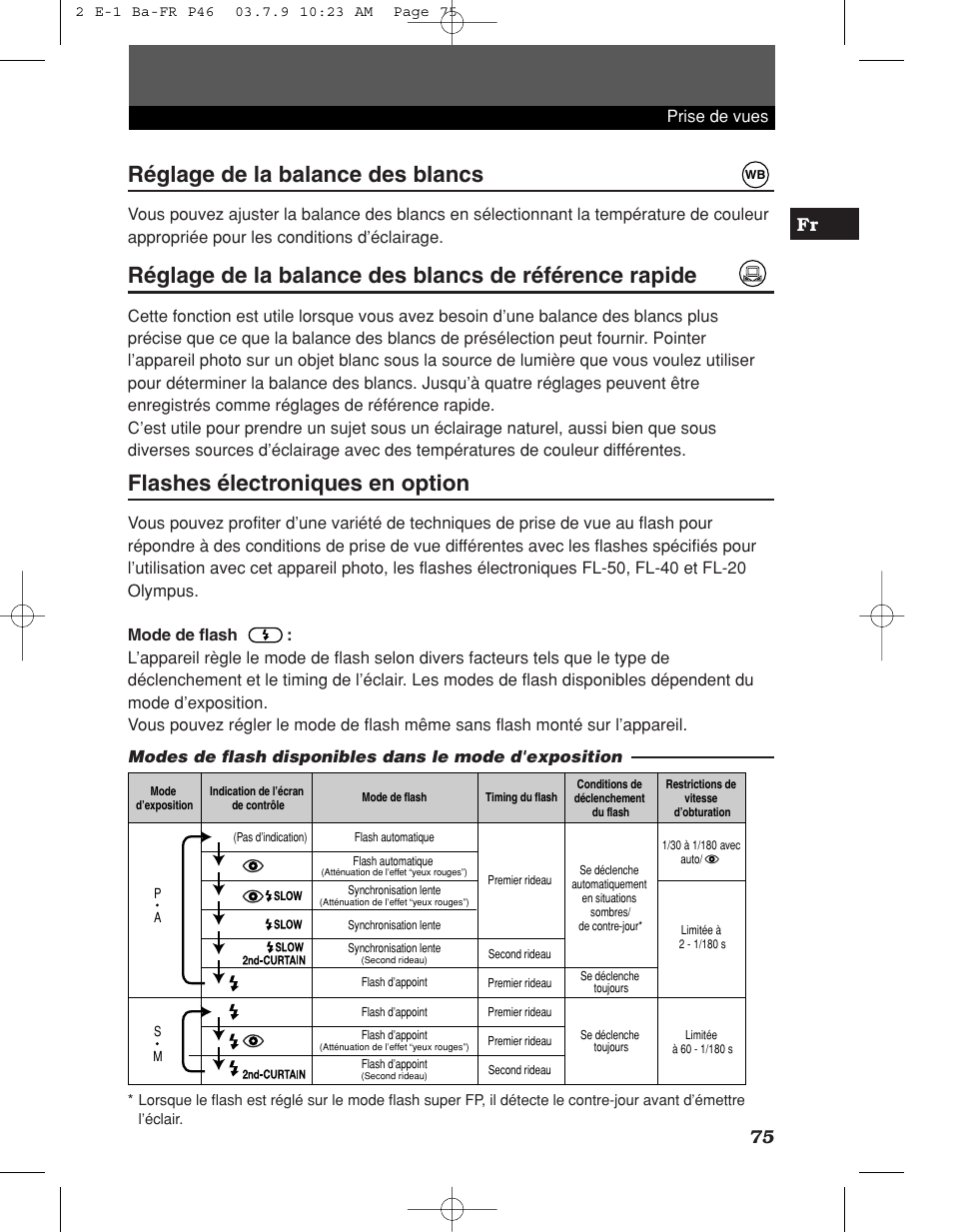 Réglage de la balance des blancs, Flashes électroniques en option | Olympus E-1 User Manual | Page 75 / 180