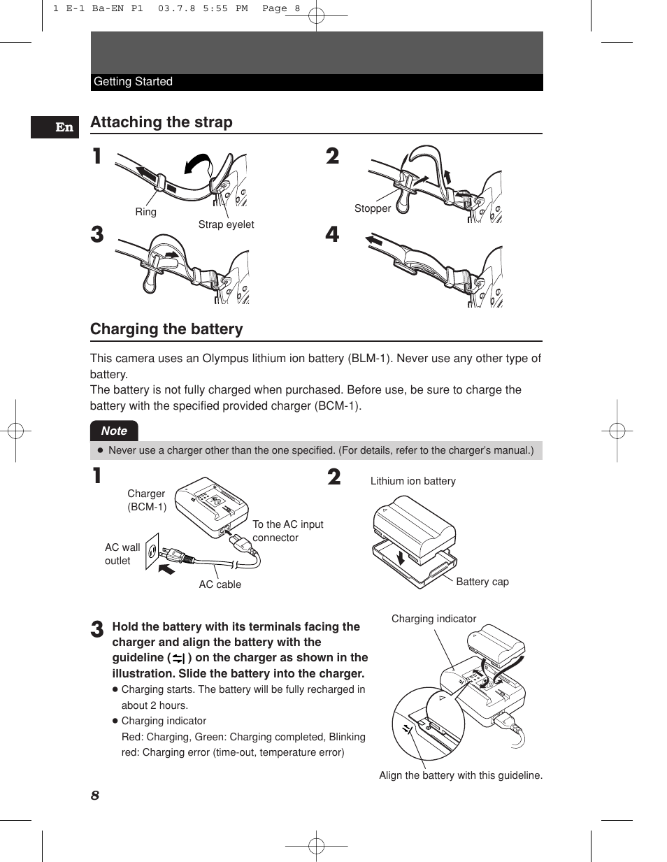 Attaching the strap, Charging the battery | Olympus E-1 User Manual | Page 8 / 180