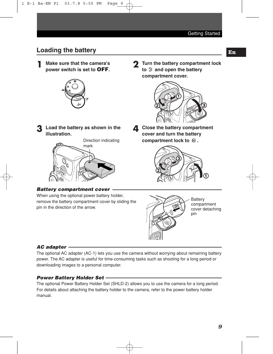 Loading the battery | Olympus E-1 User Manual | Page 9 / 180