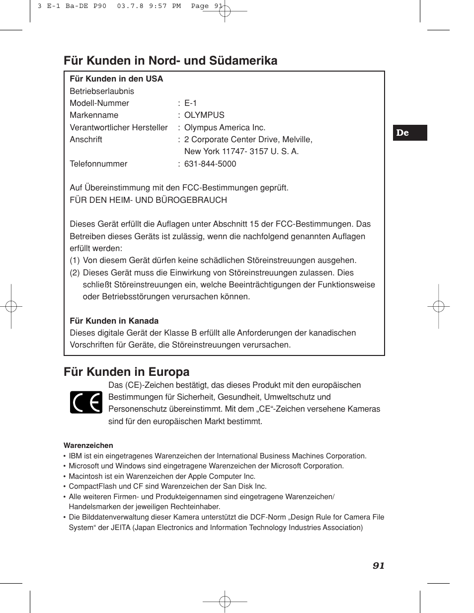 Für kunden in europa, Für kunden in nord- und südamerika | Olympus E-1 User Manual | Page 91 / 180