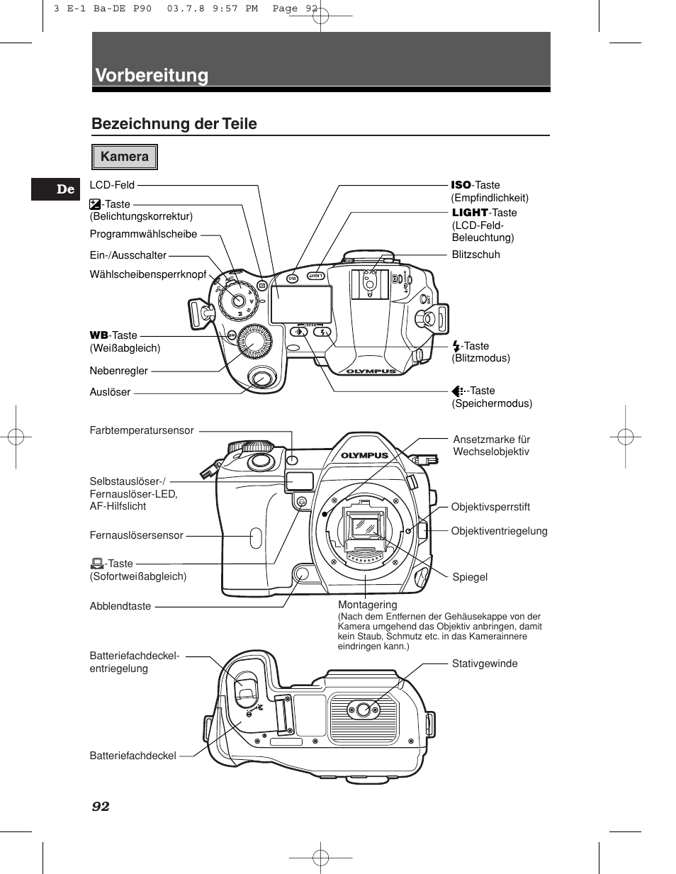 Vorbereitung, Bezeichnung der teile | Olympus E-1 User Manual | Page 92 / 180