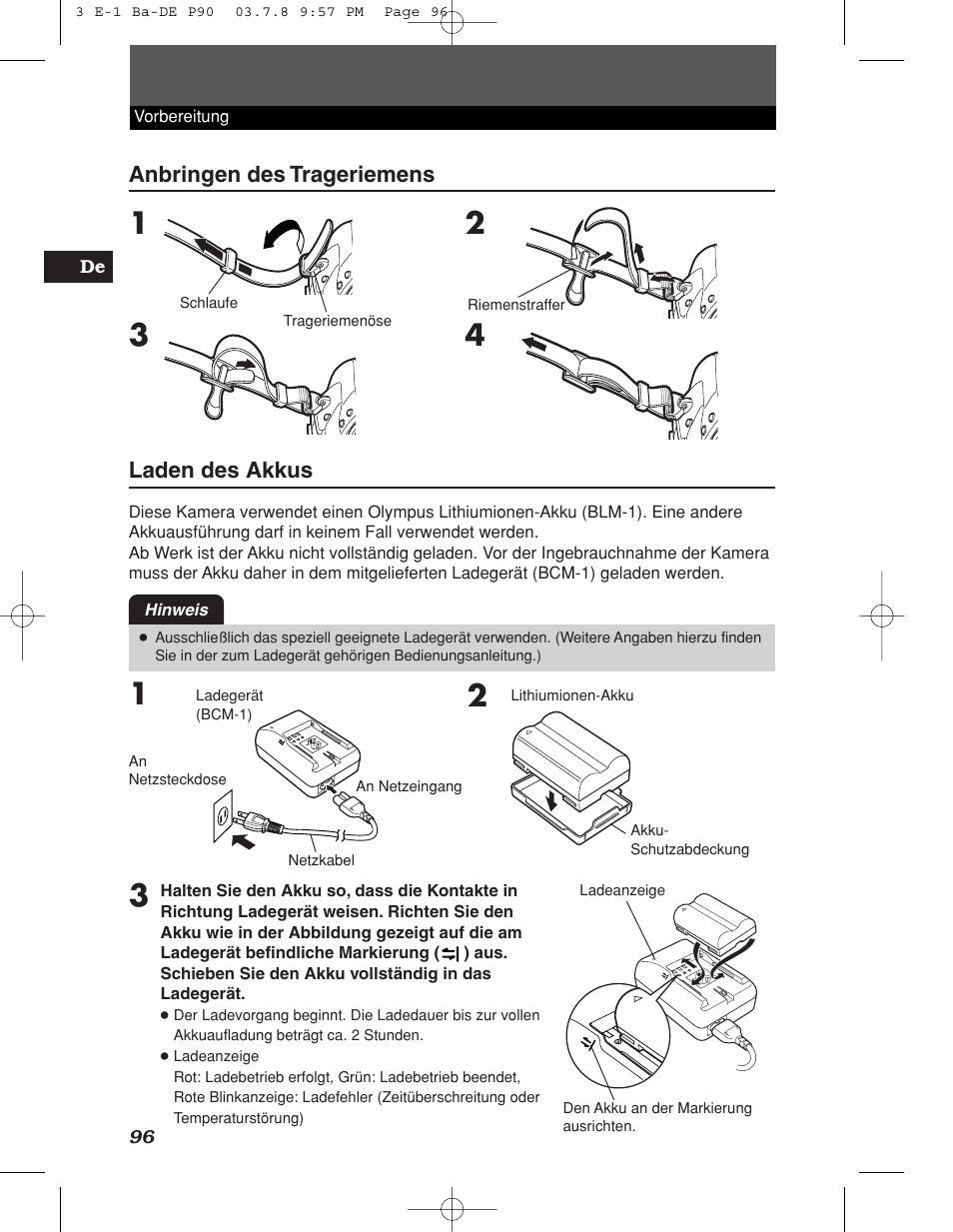 Anbringen des trageriemens, Laden des akkus | Olympus E-1 User Manual | Page 96 / 180