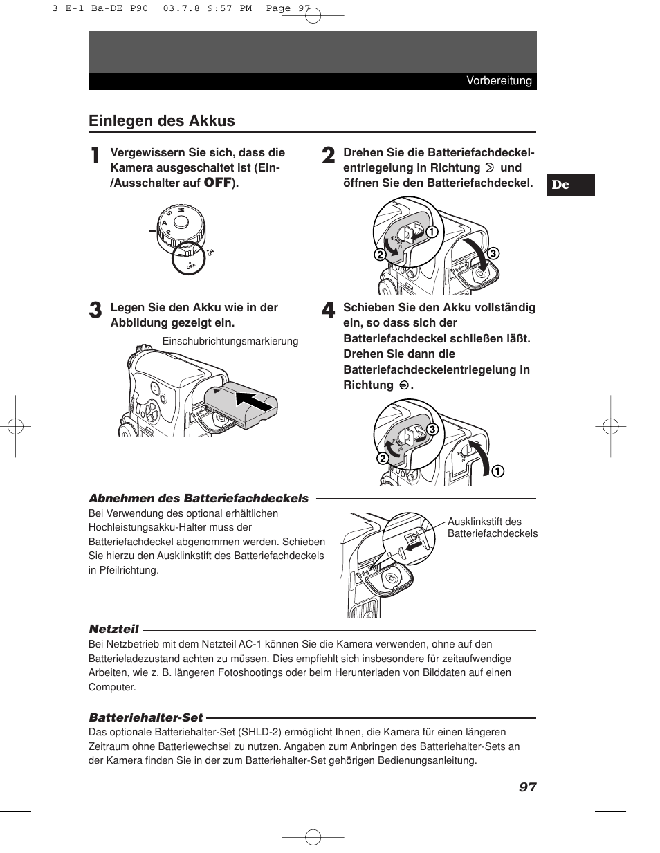 Einlegen des akkus | Olympus E-1 User Manual | Page 97 / 180