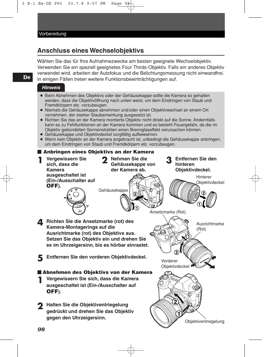 Anschluss eines wechselobjektivs | Olympus E-1 User Manual | Page 98 / 180