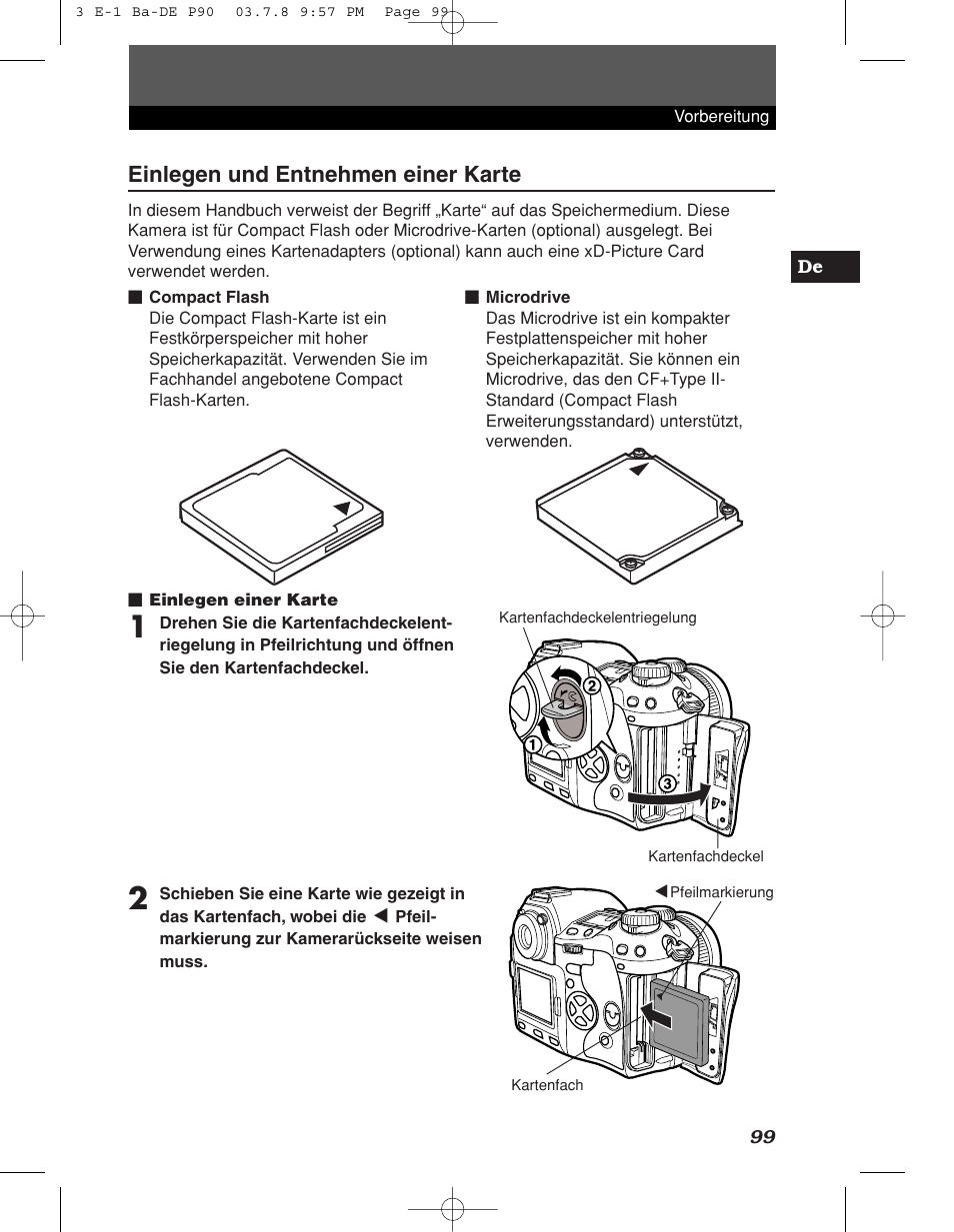 Einlegen und entnehmen einer karte | Olympus E-1 User Manual | Page 99 / 180