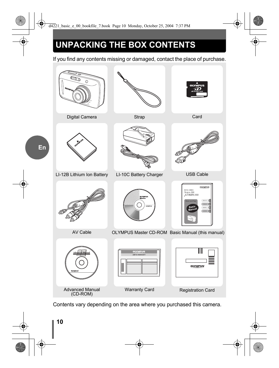 Unpacking the box contents | Olympus Stylus 500 Digital User Manual | Page 10 / 100