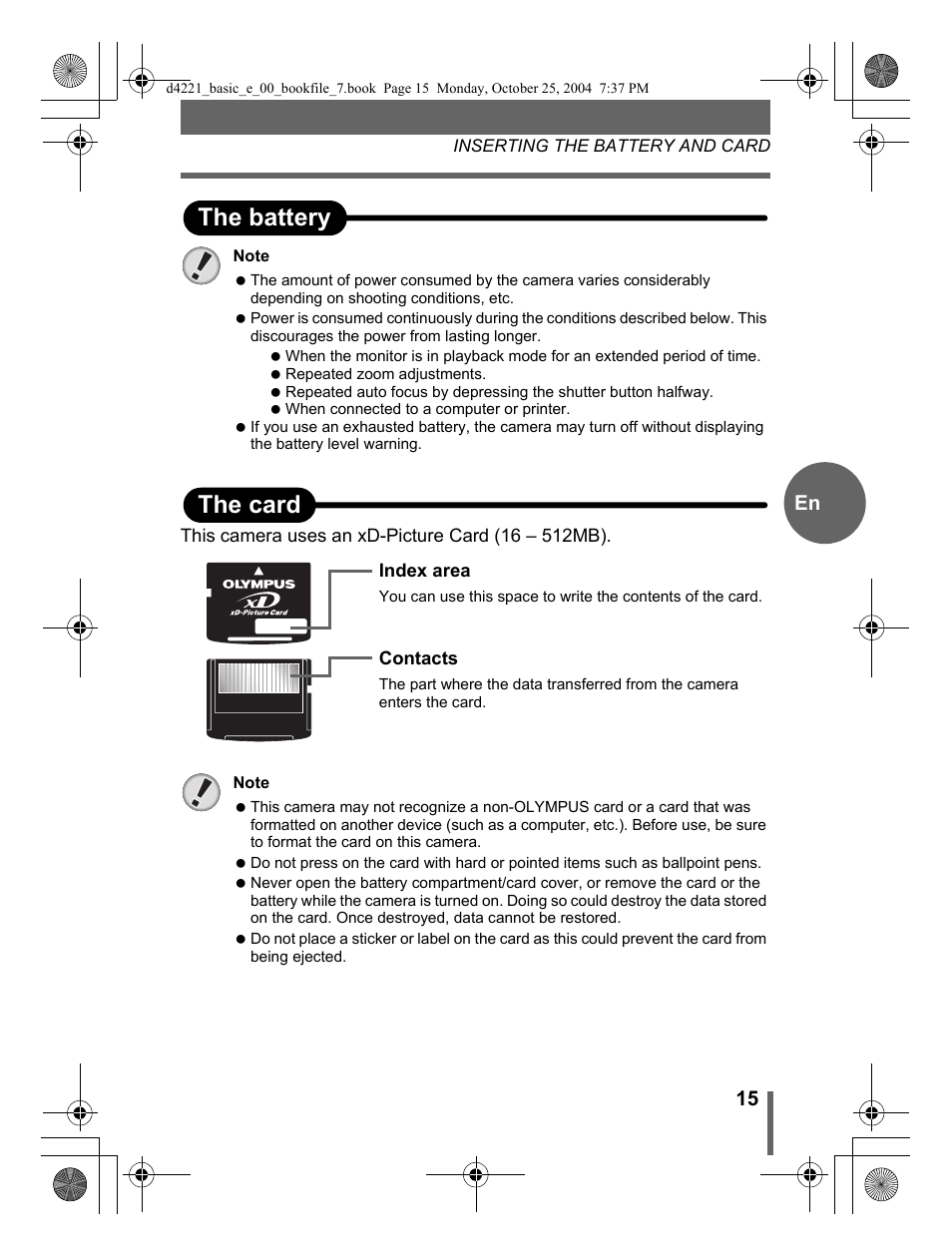 The battery the card, 15 en | Olympus Stylus 500 Digital User Manual | Page 15 / 100