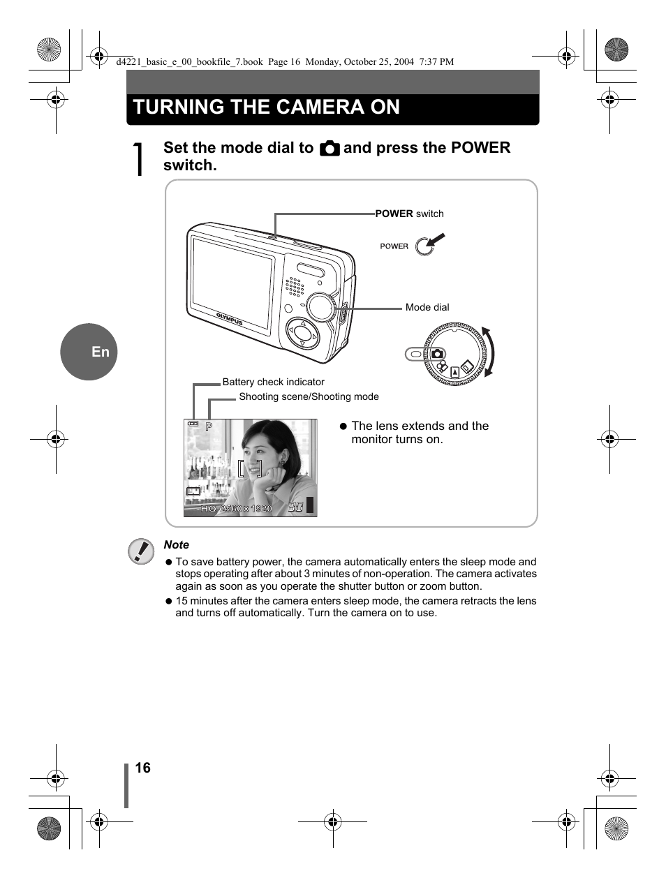 Turning the camera on, Set the mode dial to k and press the power switch | Olympus Stylus 500 Digital User Manual | Page 16 / 100