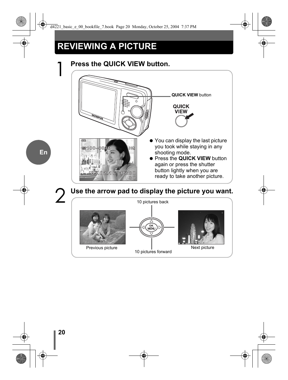 Reviewing a picture | Olympus Stylus 500 Digital User Manual | Page 20 / 100