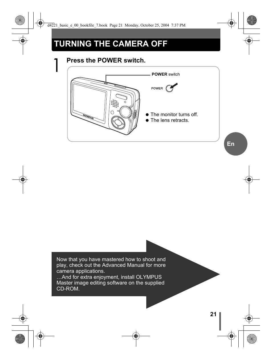 Turning the camera off | Olympus Stylus 500 Digital User Manual | Page 21 / 100