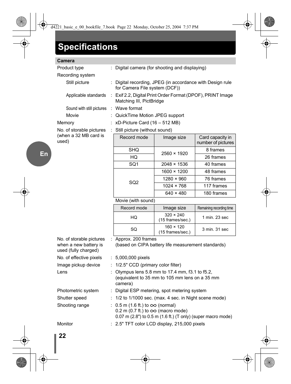 Specifications, 22 en | Olympus Stylus 500 Digital User Manual | Page 22 / 100